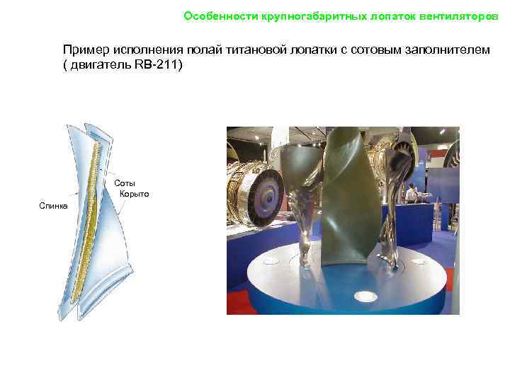 Особенности крупногабаритных лопаток вентиляторов Пример исполнения полай титановой лопатки с сотовым заполнителем ( двигатель
