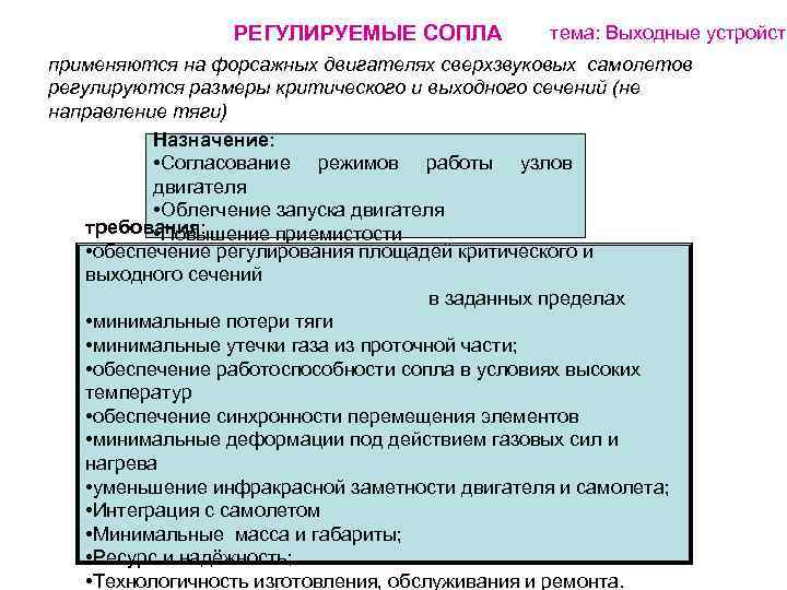 РЕГУЛИРУЕМЫЕ СОПЛА тема: Выходные устройств применяются на форсажных двигателях сверхзвуковых самолетов регулируются размеры критического