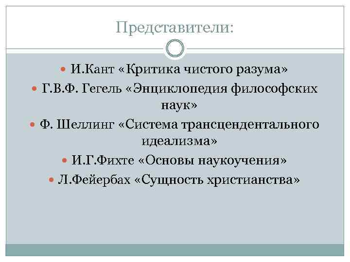 Представители: И. Кант «Критика чистого разума» Г. В. Ф. Гегель «Энциклопедия философских наук» Ф.