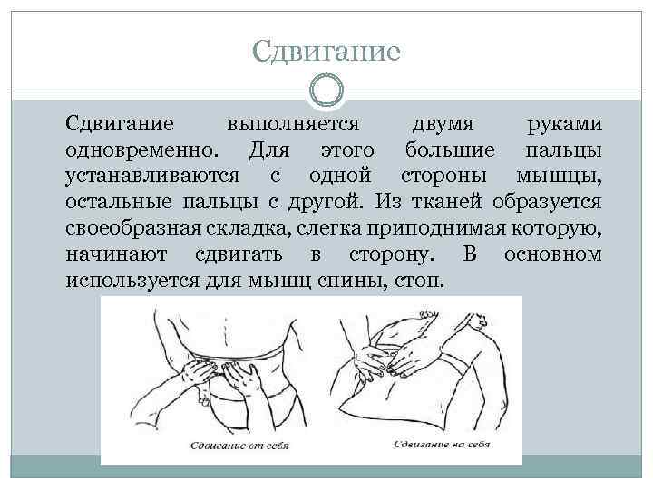 Сдвигание выполняется двумя руками одновременно. Для этого большие пальцы устанавливаются с одной стороны мышцы,
