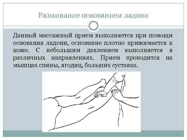 Разминание основанием ладони Данный массажный прием выполняется при помощи основания ладони, основание плотно прижимается