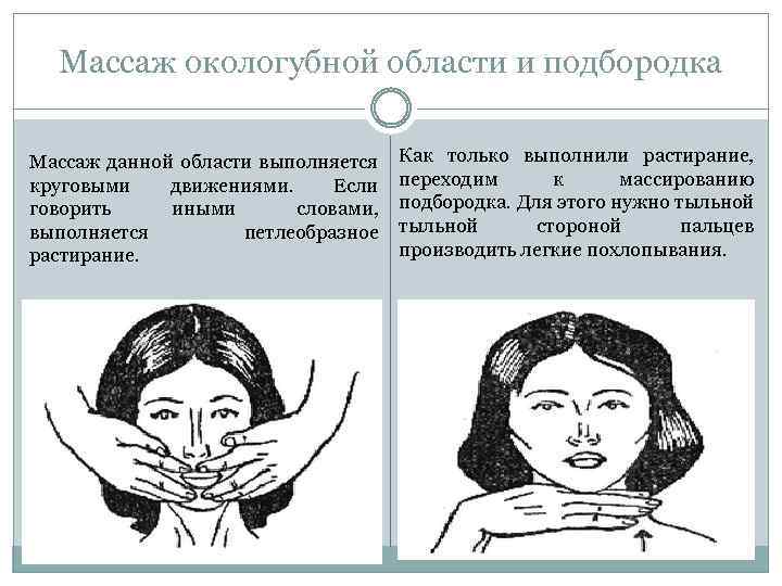 Массаж окологубной области и подбородка Массаж данной области выполняется круговыми движениями. Если говорить иными