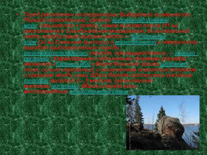  • Город расположен на территории Выборгской низменности. Рельеф пересечённый, средняя высота над уровнем