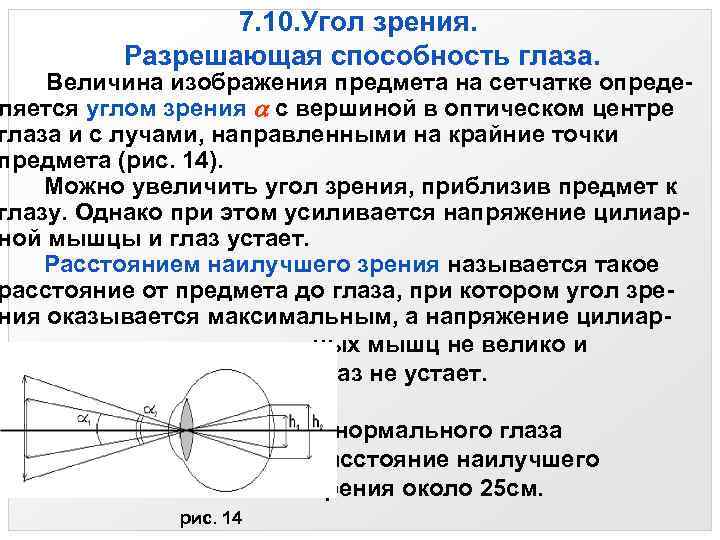 Ближайшая точка зрения. Острота зрения и разрешающая способность глаза зависят от. Угол зрения. Разрешающая способность глаза человека. Угол зрения глаза.