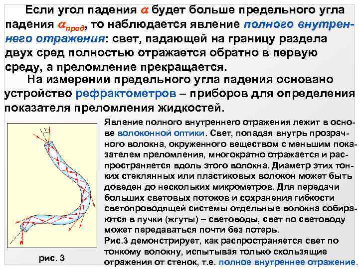  Если угол падения будет больше предельного угла падения пред, то наблюдается явление полного
