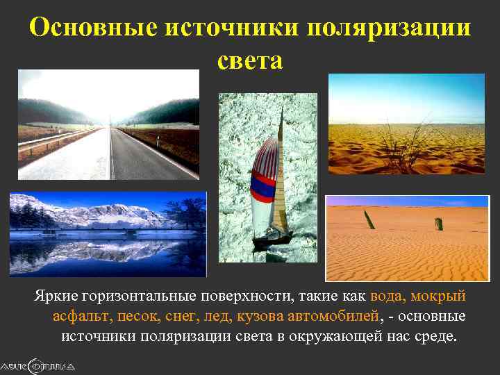 Oсновные источники поляризации света Яркие горизонтальные поверхности, такие как вода, мокрый асфальт, песок, снег,