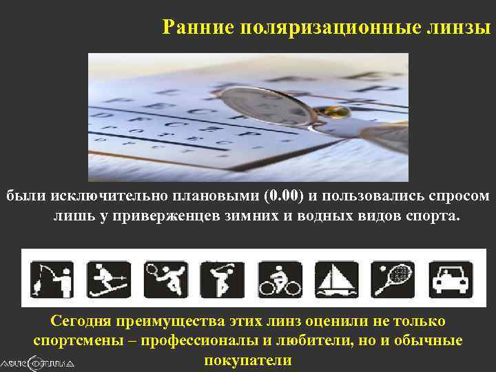 Ранние поляризационные линзы были исключительно плановыми (0. 00) и пользовались спросом лишь у приверженцев