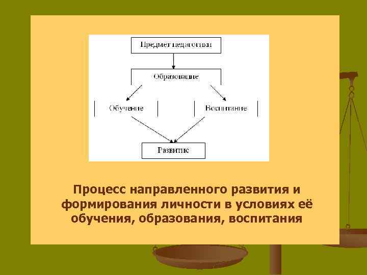 Процесс направленного развития и формирования личности в условиях её обучения, образования, воспитания 