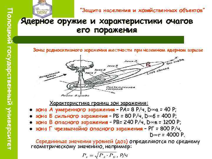 ”Защита населения и хозяйственных объектов” Ядерное оружие и характеристики очагов его поражения Зоны радиоактивного
