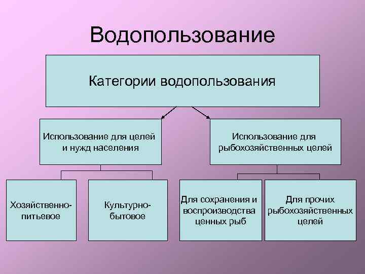 Водопользование Категории водопользования Использование для целей и нужд населения Хозяйственнопитьевое Культурнобытовое Использование для рыбохозяйственных