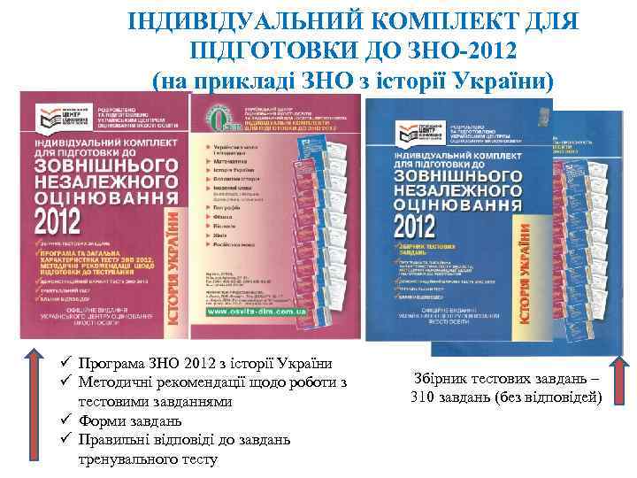 ІНДИВІДУАЛЬНИЙ КОМПЛЕКТ ДЛЯ ПІДГОТОВКИ ДО ЗНО-2012 (на прикладі ЗНО з історії України) ü Програма