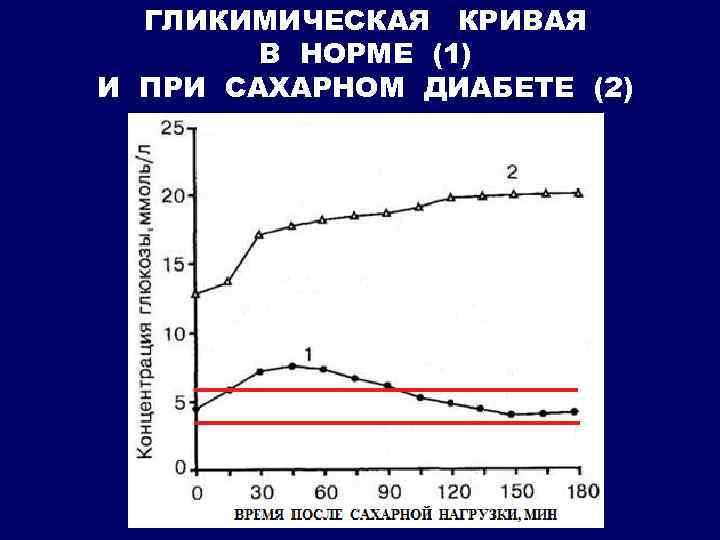 ГЛИКИМИЧЕСКАЯ КРИВАЯ В НОРМЕ (1) И ПРИ САХАРНОМ ДИАБЕТЕ (2) 