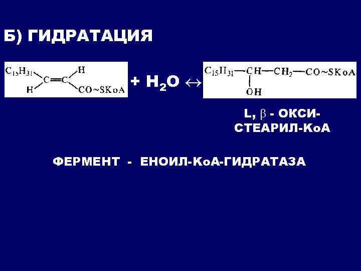 Б) ГИДРАТАЦИЯ + H 2 O L, - ОКСИСТЕАРИЛ-Ko. A ФЕРМЕНТ - ЕНОИЛ-Ko. A-ГИДРАТАЗА