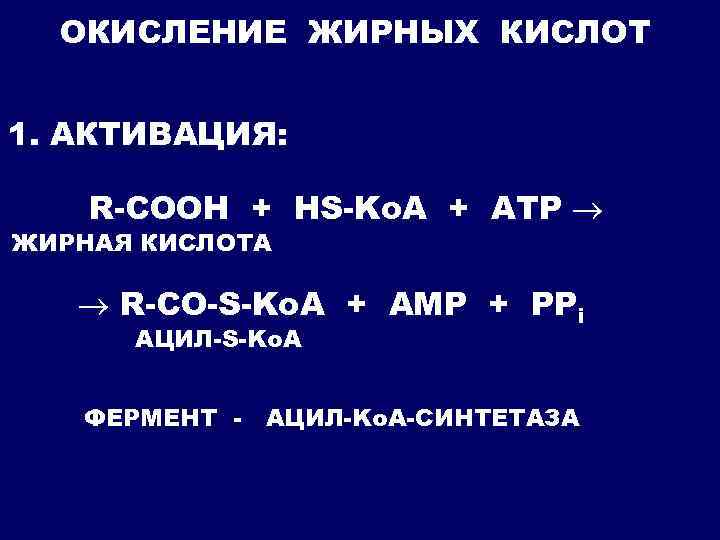 ОКИСЛЕНИЕ ЖИРНЫХ КИСЛОТ 1. АКТИВАЦИЯ: R-COOH + HS-Ko. A + ATP ЖИРНАЯ КИСЛОТА R-CO-S-Ko.