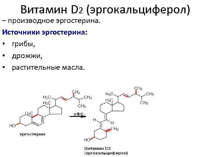 Витамин D 2 (эргокальциферол) – производное эргостерина. Источники эргостерина: • грибы, • дрожжи, •