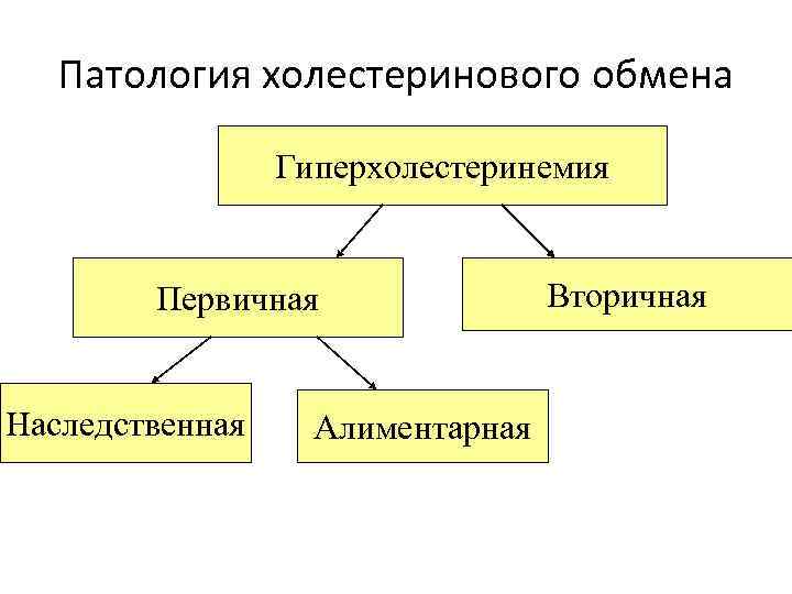 Патология холестеринового обмена Гиперхолестеринемия Первичная Наследственная Алиментарная Вторичная 
