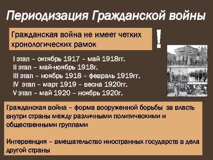 Периодизация Гражданской войны Гражданская война не имеет четких хронологических рамок ! I этап –