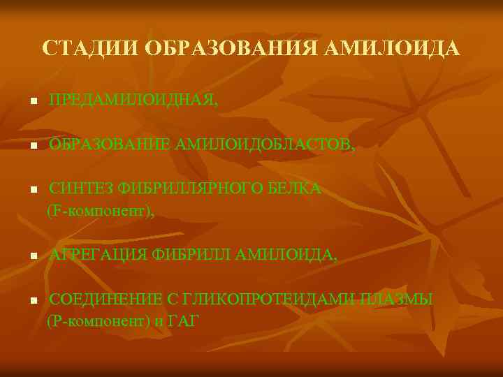  СТАДИИ ОБРАЗОВАНИЯ АМИЛОИДА n ПРЕДАМИЛОИДНАЯ, n ОБРАЗОВАНИЕ АМИЛОИДОБЛАСТОВ, n СИНТЕЗ ФИБРИЛЛЯРНОГО БЕЛКА (F-компонент),