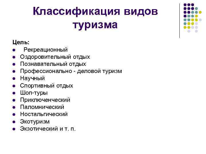 Классификация видов туризма Цель: l Рекреационный l Оздоровительный отдых l Познавательный отдых l Профессионально