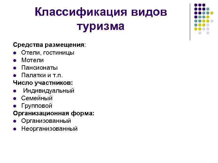 Классификация видов туризма Средства размещения: l Отели, гостиницы l Мотели l Пансионаты l Палатки