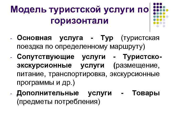 Модель туристской услуги по горизонтали - - - Основная услуга - Тур (туристская поездка