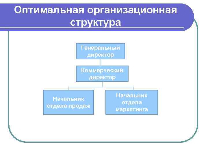 Оптимальная организационная структура Генеральный директор Коммерческий директор Начальник отдела продаж Начальник отдела маркетинга 