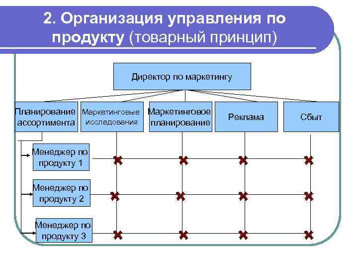 2. Организация управления по продукту (товарный принцип) Директор по маркетингу Планирование Маркетинговые Маркетинговое ассортимента