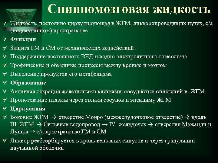 Спинномозговая жидкость Ú Жидкость, постоянно циркулирующая в ЖГМ, ликворопроводящих путях, с/а Ú Ú Ú