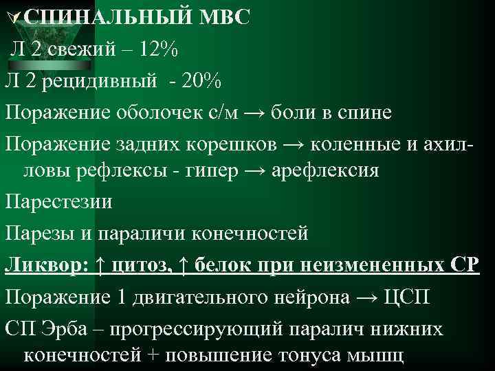 Ú СПИНАЛЬНЫЙ МВС Л 2 свежий – 12% Л 2 рецидивный - 20% Поражение