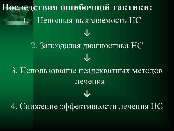 Последствия ошибочной тактики: Неполная выявляемость НС ↓ 2. Запоздалая диагностика НС ↓ 3. Использование