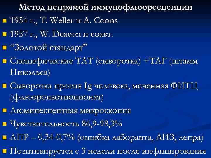 Метод непрямой иммунофлюоресценции n 1954 г. , T. Weller и A. Coons n 1957