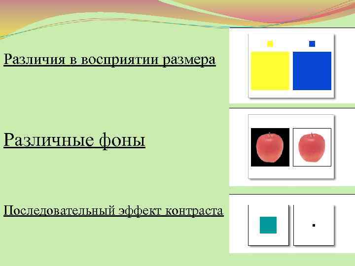 Различия в восприятии размера Различные фоны Последовательный эффект контраста 