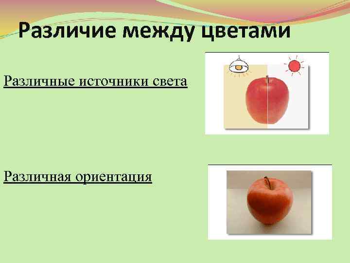Различие между цветами Различные источники света Различная ориентация 