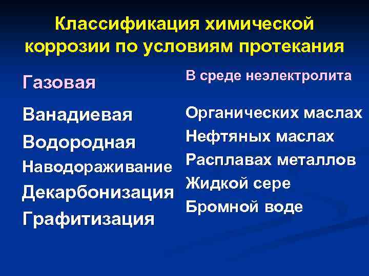 Классификация химической коррозии по условиям протекания Газовая В среде неэлектролита Органических маслах Нефтяных маслах