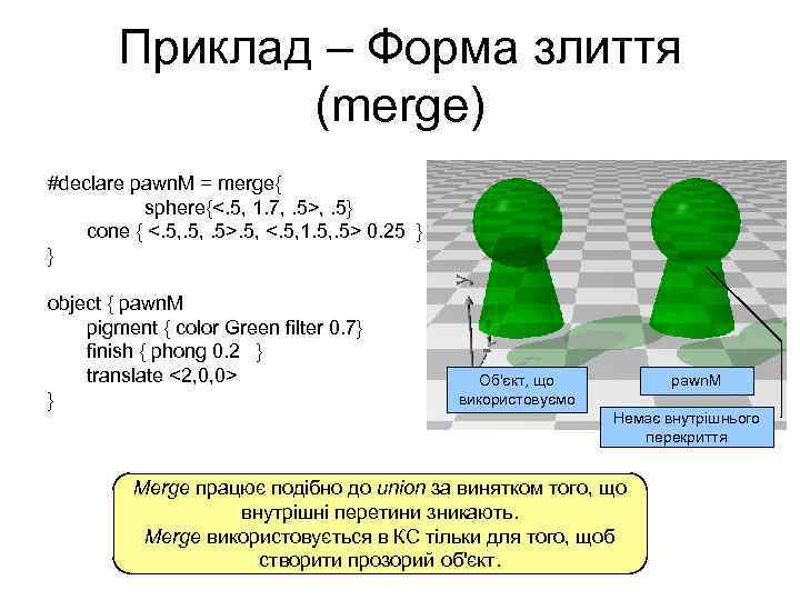 Приклад – Форма злиття (merge) #declare pawn. M = merge{ sphere{<. 5, 1. 7,