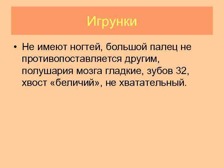  Игрунки • Не имеют ногтей, большой палец не противопоставляется другим, полушария мозга гладкие,