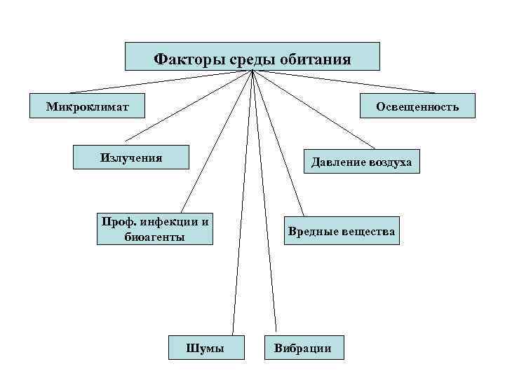 Факторы среды обитания Микроклимат Освещенность Излучения Давление воздуха Проф. инфекции и биоагенты Шумы Вредные