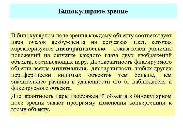  Бинокулярное зрение В бинокулярном поле зрения каждому объекту соответствует пара очагов возбуждения на