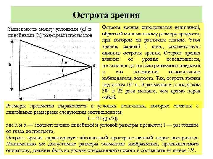  Острота зрения Зависимость между угловыми (α) и Острота зрения определяется величиной, линейными (h)