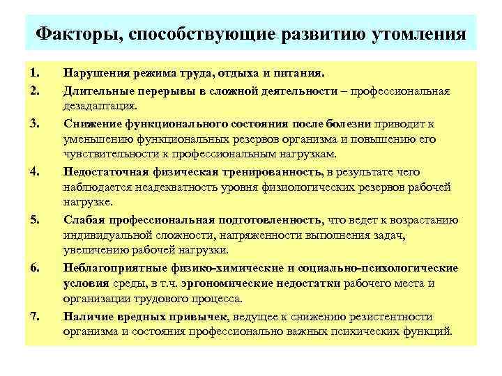 Факторы, способствующие развитию утомления 1. 2. 3. 4. 5. 6. 7. Нарушения режима труда,