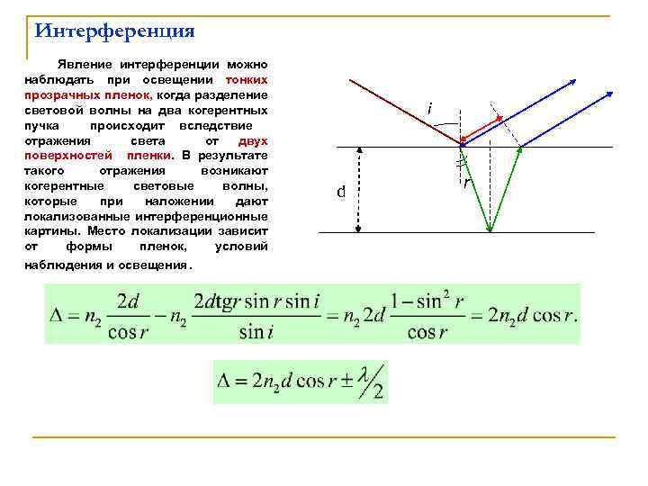 Интерференция Явление интерференции можно наблюдать при освещении тонких прозрачных пленок, когда разделение световой волны