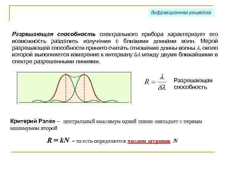 дифракционная решетка Разрешающая способность спектрального прибора характеризует его возможность разделить излучения с близкими длинами
