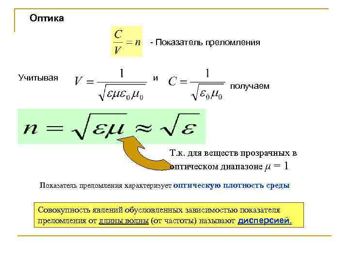 Оптика - Показатель преломления Учитывая и получаем Т. к. для веществ прозрачных в оптическом