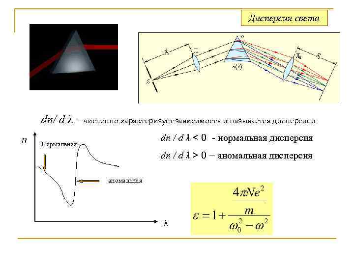 Дисперсия света dn/ d λ – численно характеризует зависимость и называется дисперсией n dn