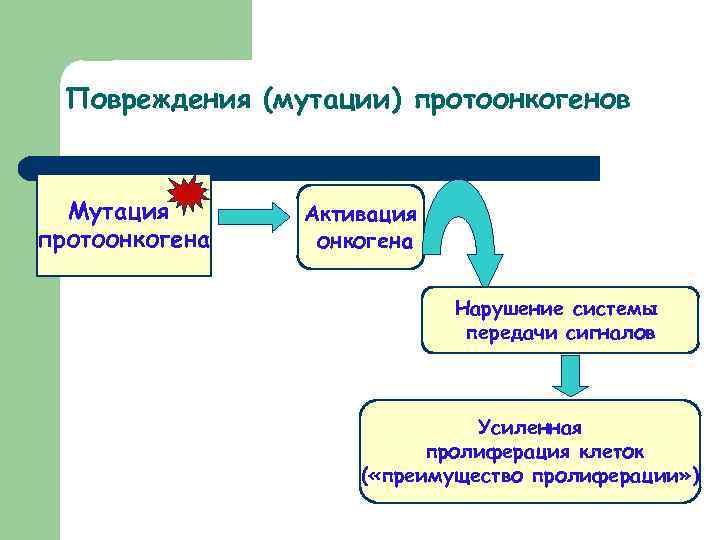 Повреждения (мутации) протоонкогенов Мутация протоонкогена Активация онкогена Нарушение системы передачи сигналов Усиленная пролиферация клеток