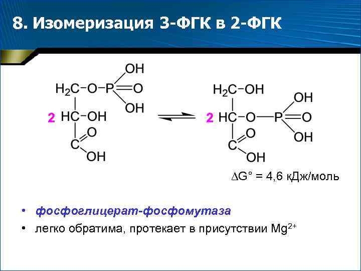 8. Изомеризация 3 -ФГК в 2 -ФГК G° = 4, 6 к. Дж/моль •