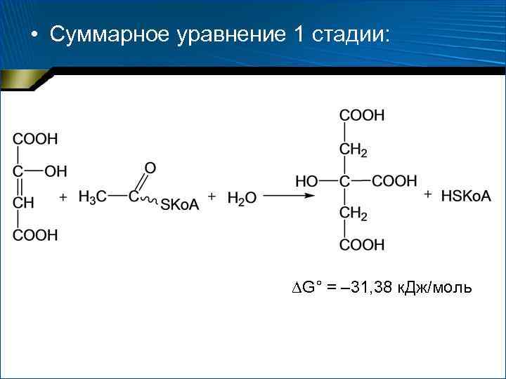  • Суммарное уравнение 1 стадии: G° = – 31, 38 к. Дж/моль 