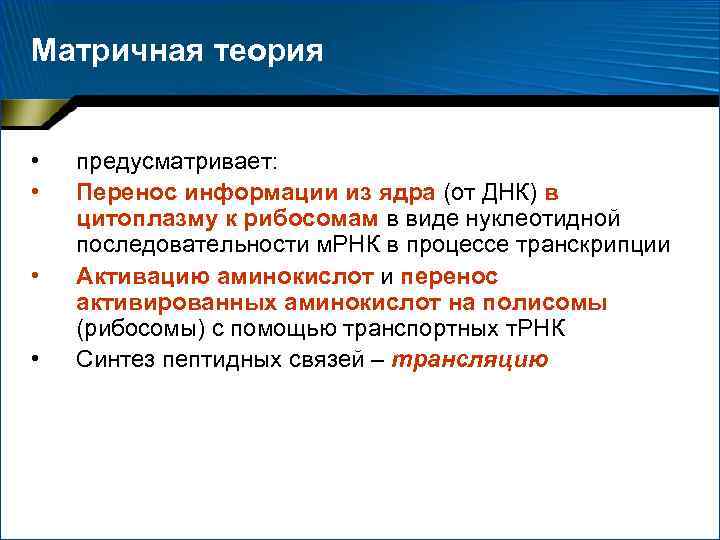 Матричная теория • • предусматривает: Перенос информации из ядра (от ДНК) в цитоплазму к