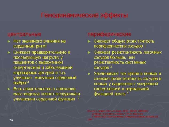 Гемодинамические эффекты центральные периферические Нет значимого влияния на сердечный ритм 1 ► Снижает предварительную
