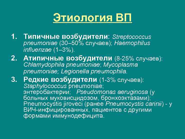 Этиология ВП 1. Типичные возбудители: Streptococcus 2. 3. pneumoniae (30– 50% случаев); Haemophilus influenzae